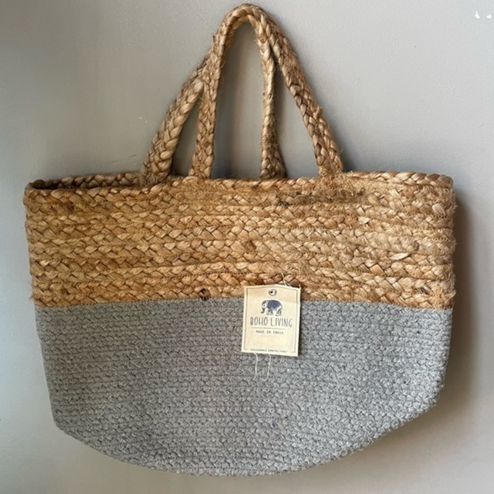 Boho Living Tan and Gray Blue Woven Tote Bag Brand New NWT